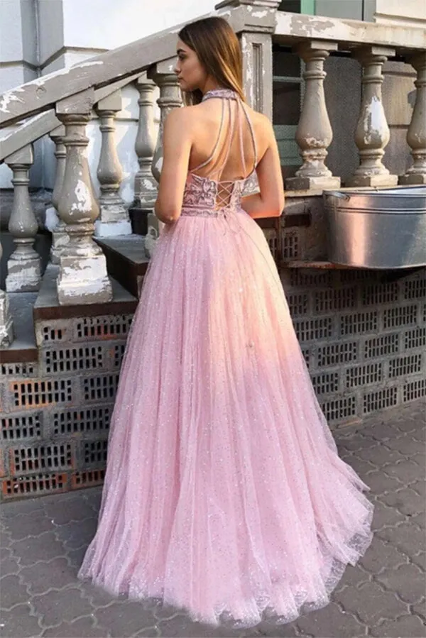 Sparkly Tulle A-line Halter Appliqued Long Prom Dresses, Evening Gowns, SP721