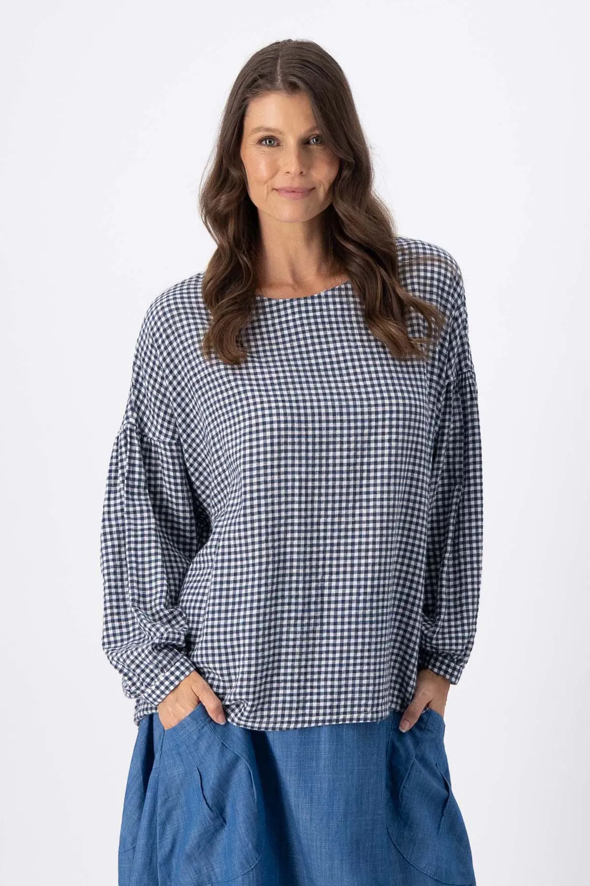 Suzanna Classic Blouse Navy in Seersucker