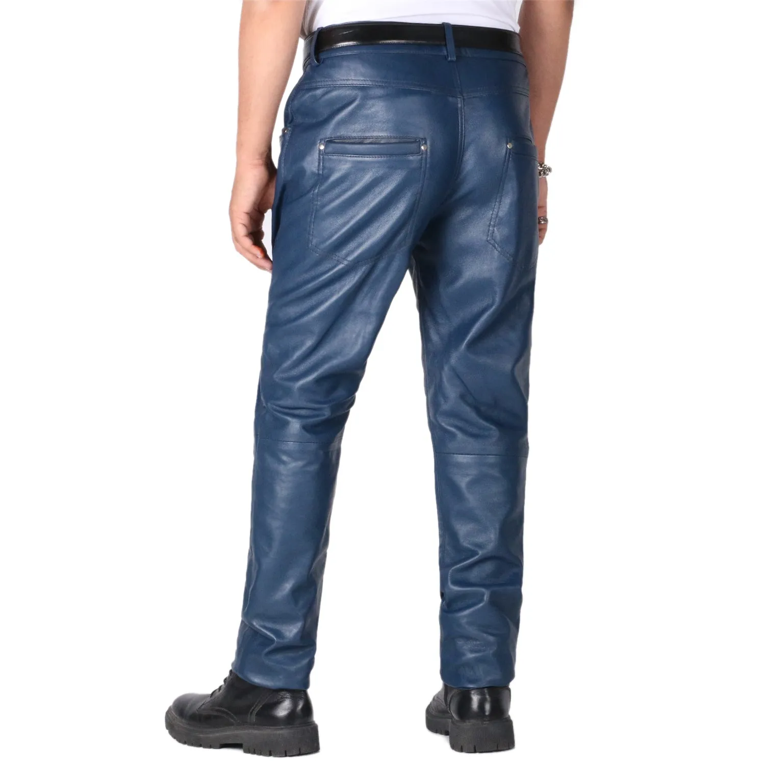 Thalor Men's Blue Slim Fit Leather Pants