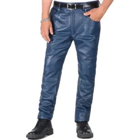 Thalor Men's Blue Slim Fit Leather Pants