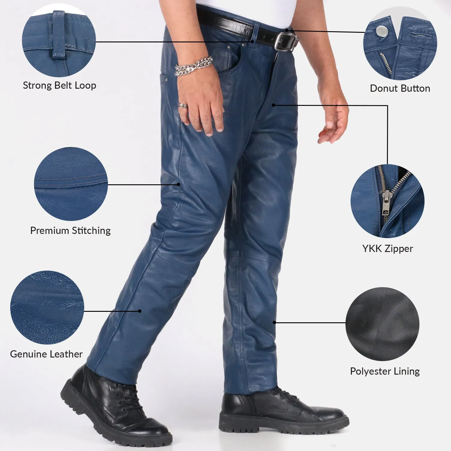 Thalor Men's Blue Slim Fit Leather Pants