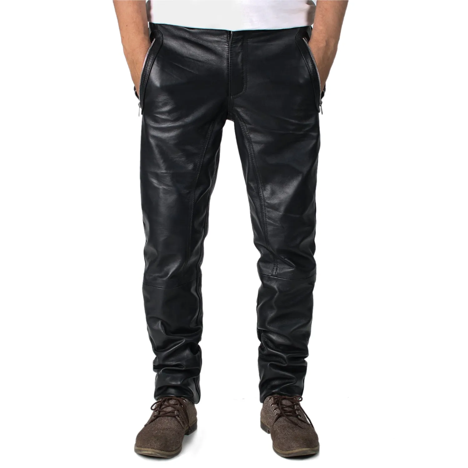 Thalor Men's Brown Slim Fit Leather Pants