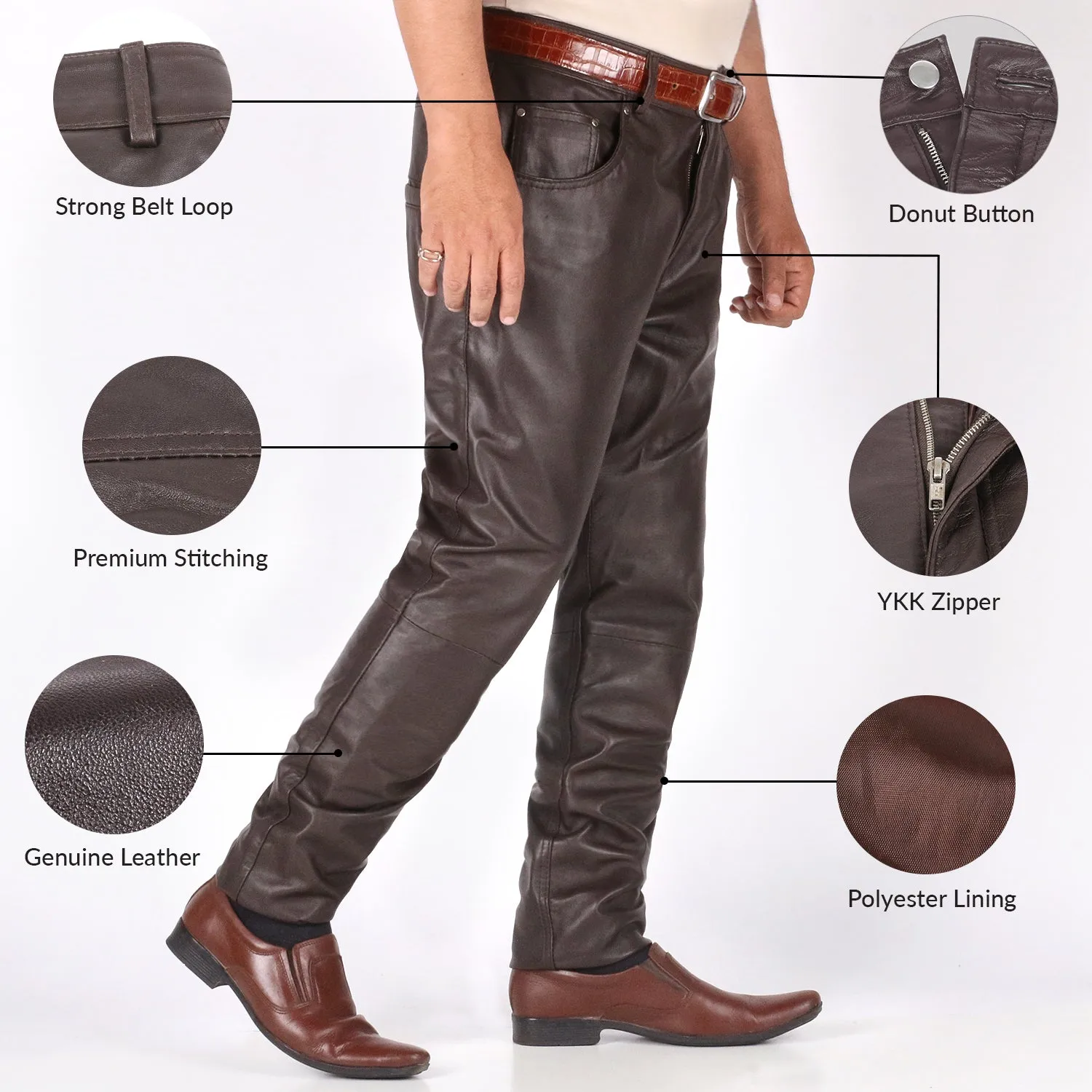 Thalor Men's Brown Slim Fit Leather Pants