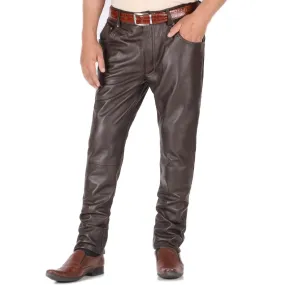 Thalor Men's Brown Slim Fit Leather Pants