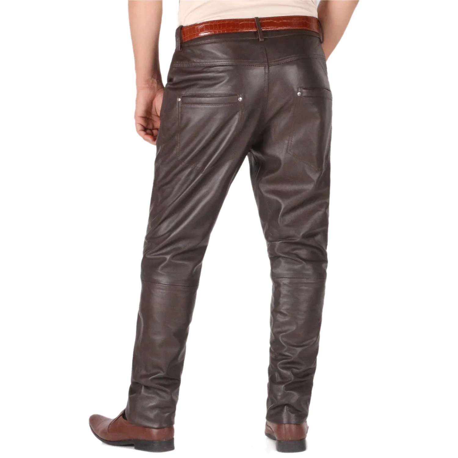 Thalor Men's Brown Slim Fit Leather Pants