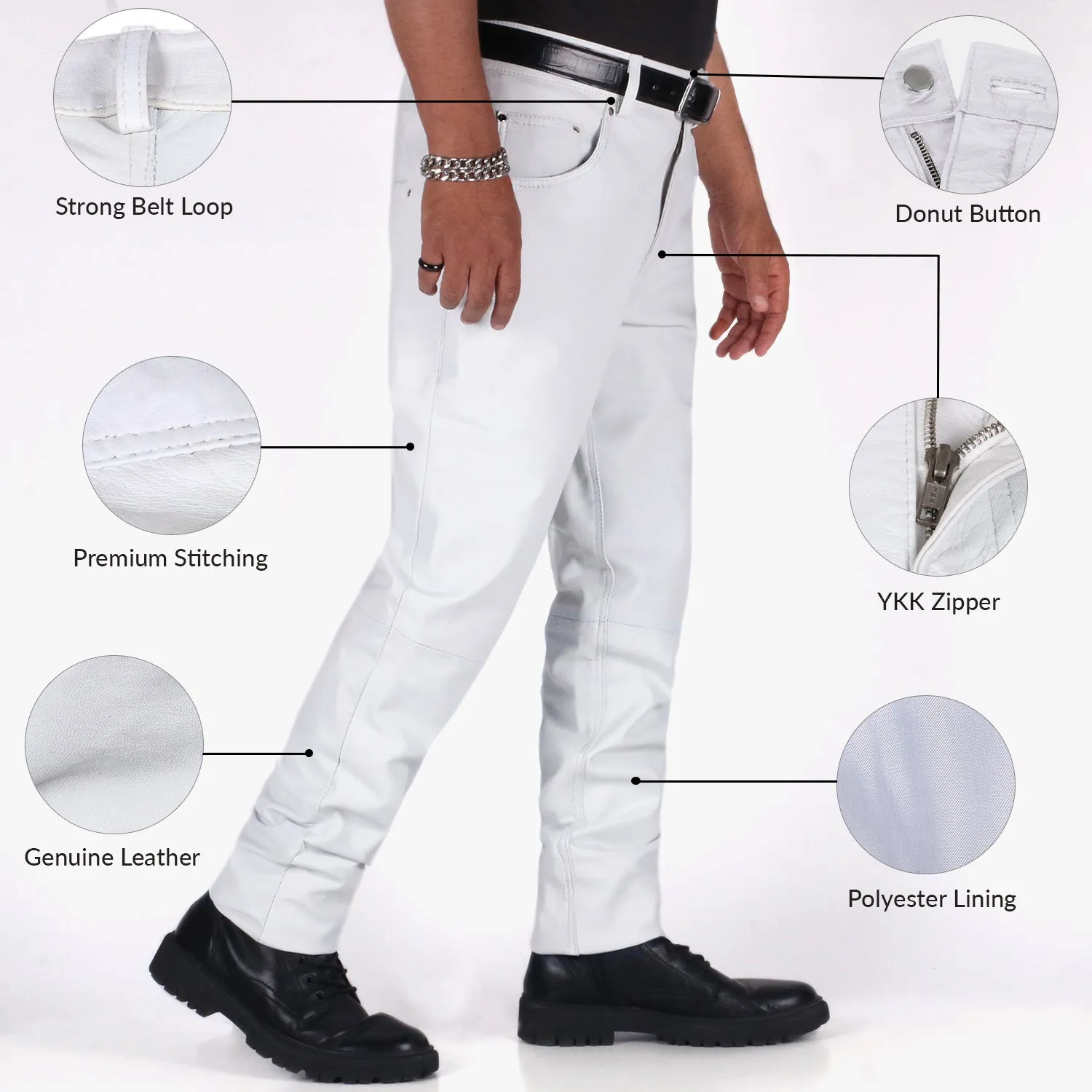 Thalor Men's White Slim Fit Leather Pants