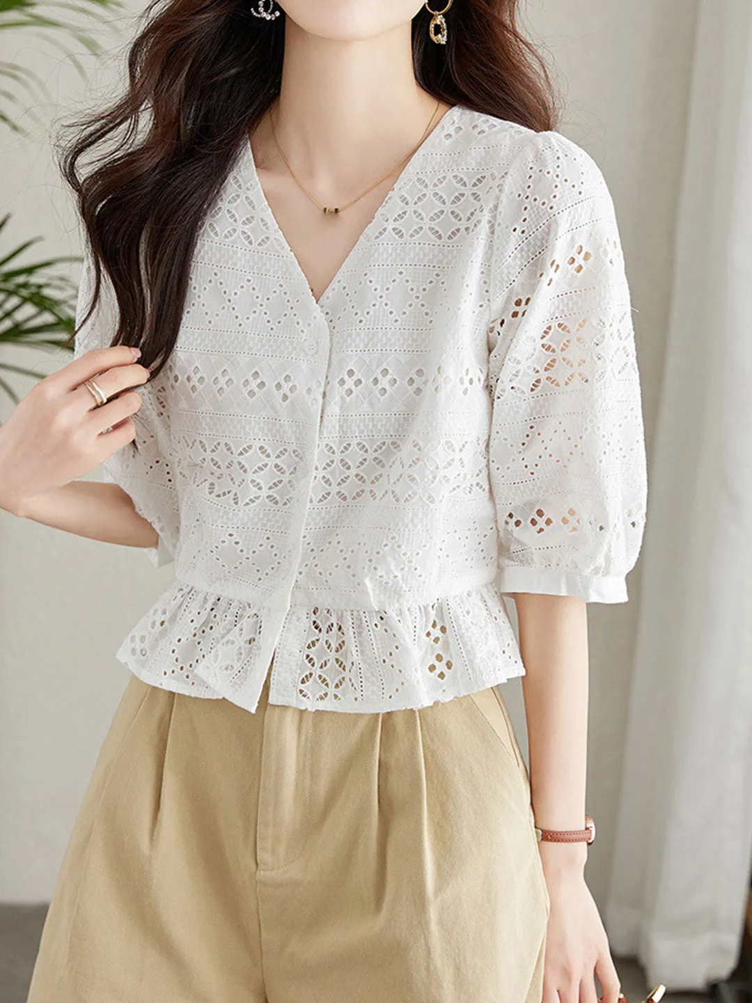 Valeria Classic Embroidered Hollowed Blouse