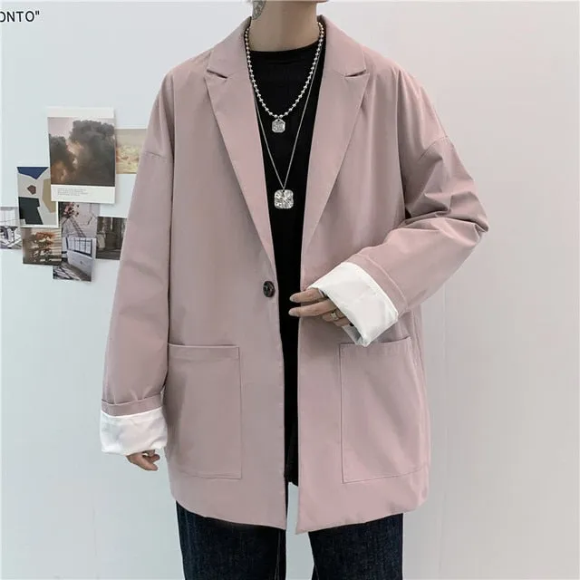 Voguable Fashion Unisex Dad Suit Jacket Oversized Blazer Men Hip Hop Streetwear Young Casual Clothes Pink Khaki Green Black Overshirt