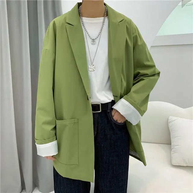 Voguable Fashion Unisex Dad Suit Jacket Oversized Blazer Men Hip Hop Streetwear Young Casual Clothes Pink Khaki Green Black Overshirt