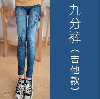 Women Outdoor Summer Korean Stretchable Denim Trendy Printed Ankle-Length Slim-Fit Thin Pants