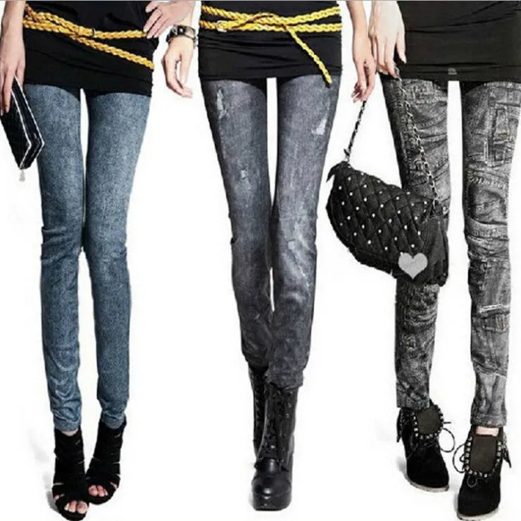 Women Outdoor Summer Korean Stretchable Denim Trendy Printed Ankle-Length Slim-Fit Thin Pants