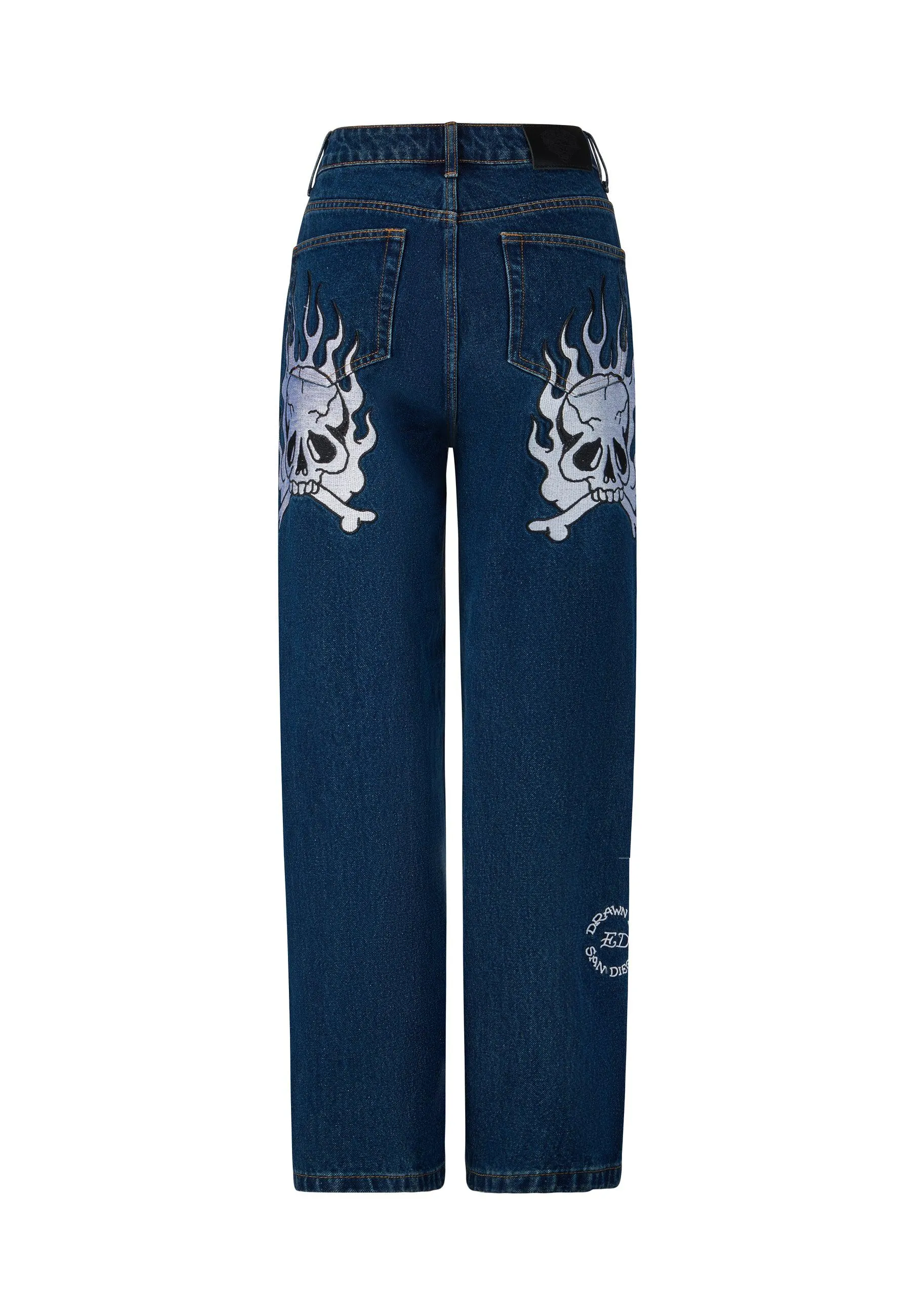 Womens Flaming Skull Relaxed Fit Denim Trousers Jeans - Indigo