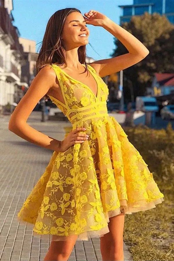 Yellow Lace A-line V-neck Short Party Dress Homecoming Dress with Appliques, SH486