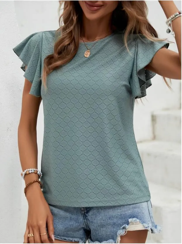 Zeagoo Womens Summer Tops Crewneck Short Sleeve Shirts Casual Basic Ruffle T Shirt Fashion Cute Blouse 2024