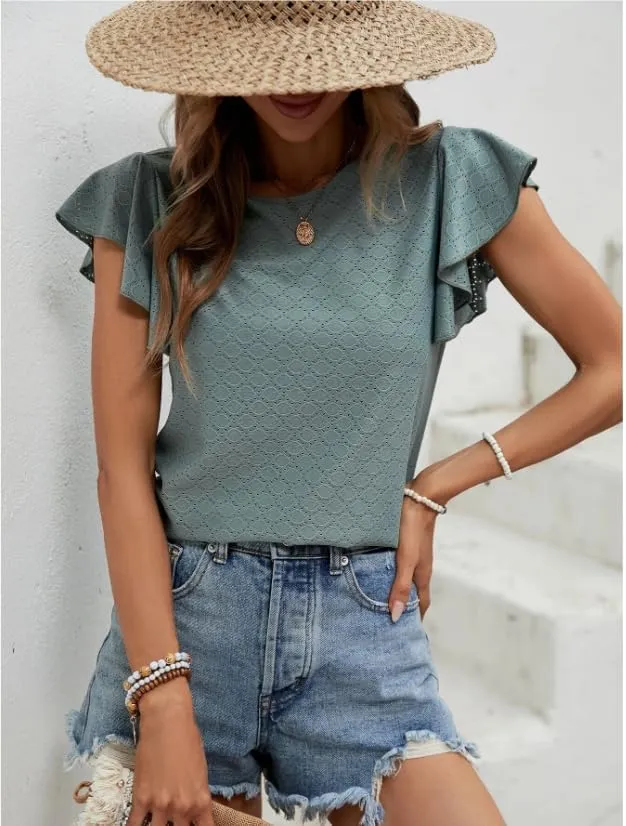 Zeagoo Womens Summer Tops Crewneck Short Sleeve Shirts Casual Basic Ruffle T Shirt Fashion Cute Blouse 2024